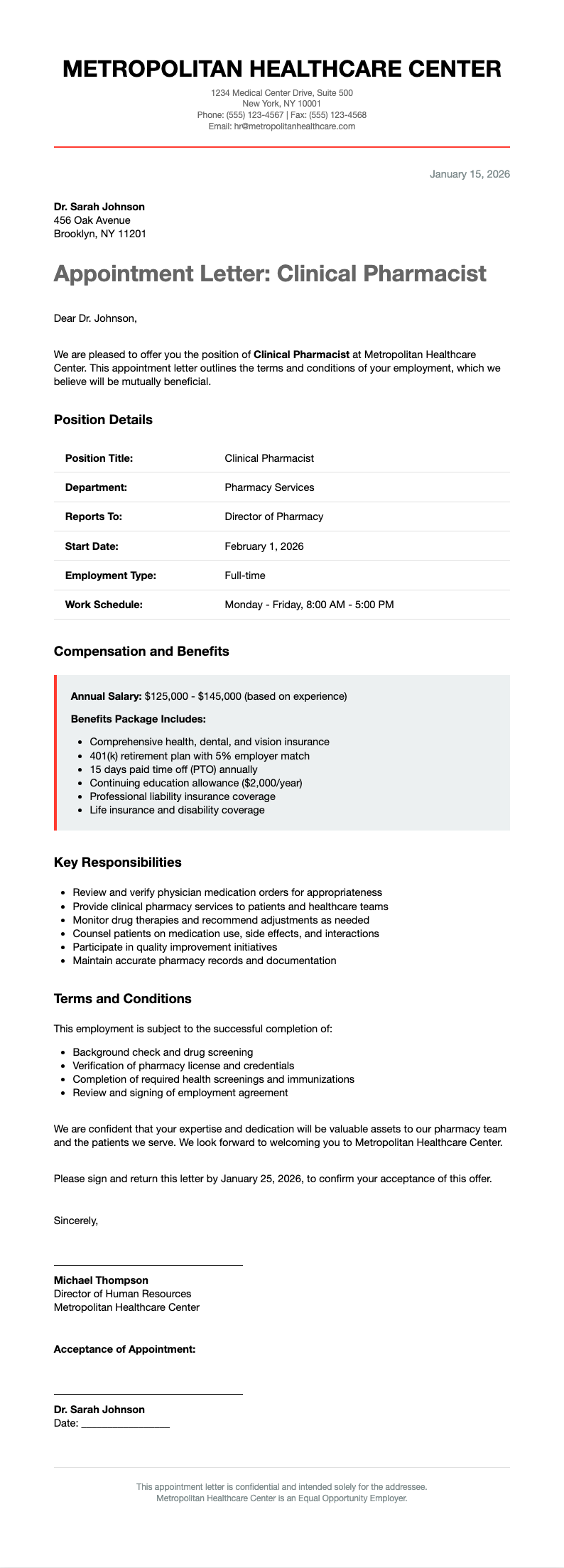 Swiss international pharmacist appointment letter